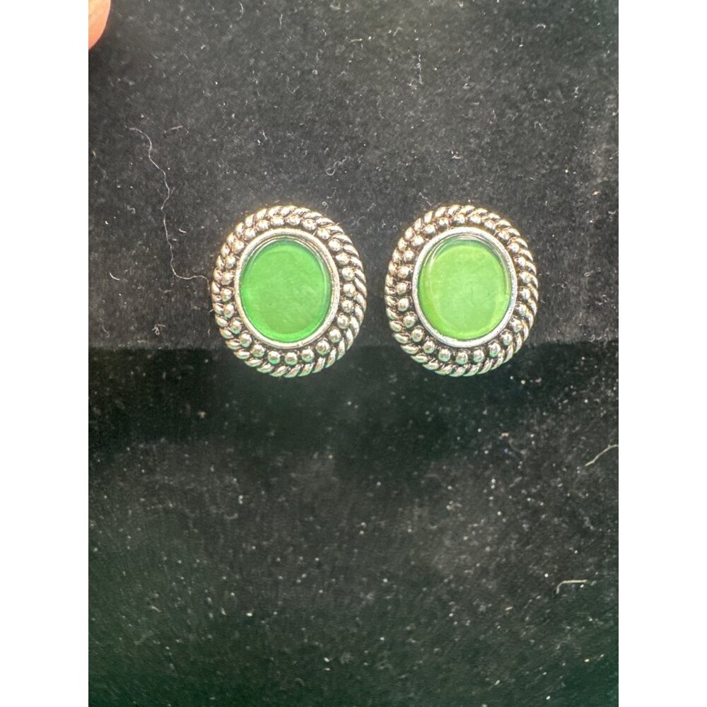 Vintage Silver-Tone Clip-On Earrings With Green Stone Accents
